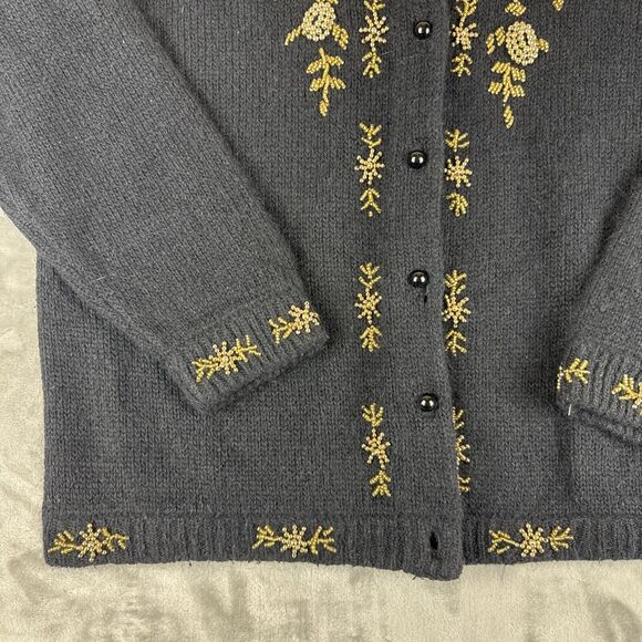 Karen Scott Silk Angora Cardigan Sweater Womens L Black Gold Bead Holiday (1052) - Picture 6 of 11